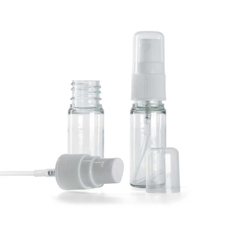 Botella de plástico, transparente, pulverizador blanco, 10 ml