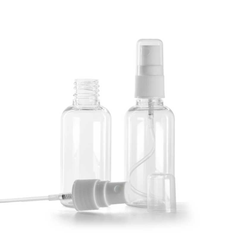 Botella de plástico, translúcida, pulverizador blanco, 50 ml