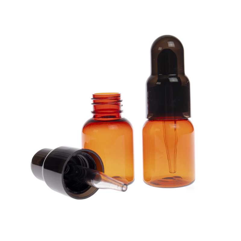 Botella PET, ámbar, 25 ml, cuentagotas de plástico, tapón negro