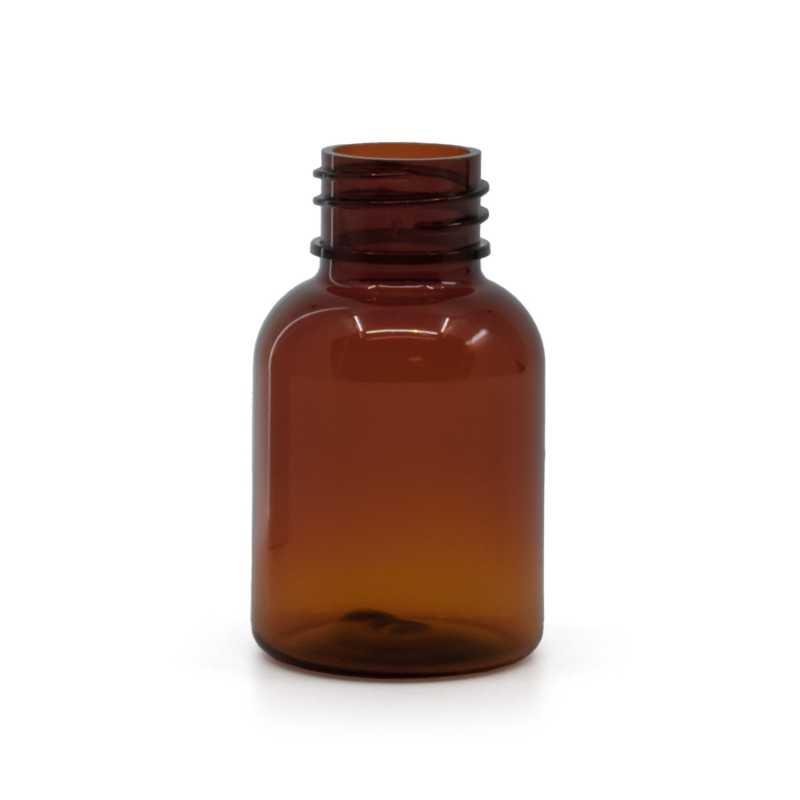 Botella PET plástica, marrón, 25 ml