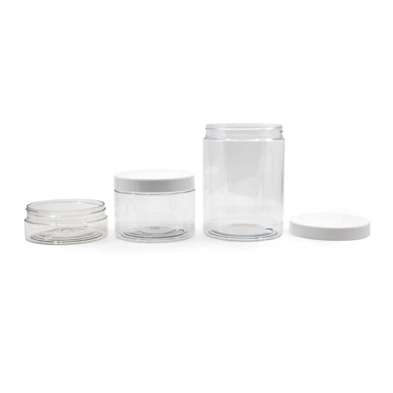 Tarro de plástico, transparente, tapa blanca, 200 ml