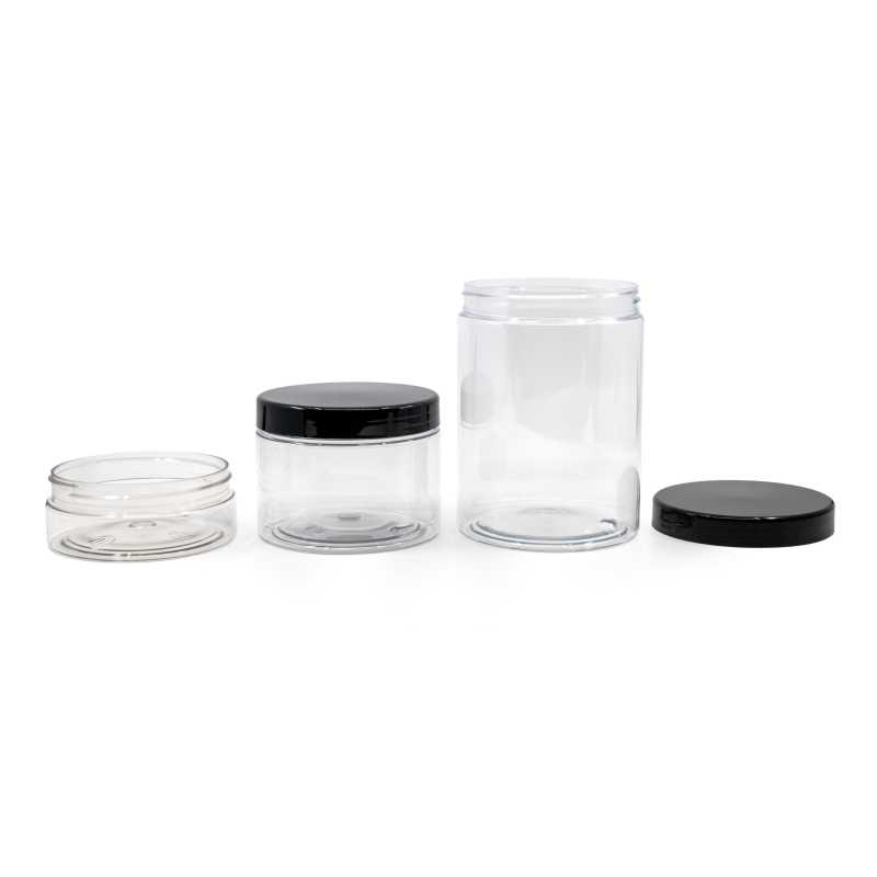 Tarro de plástico, transparente, 200 ml, tapa negra