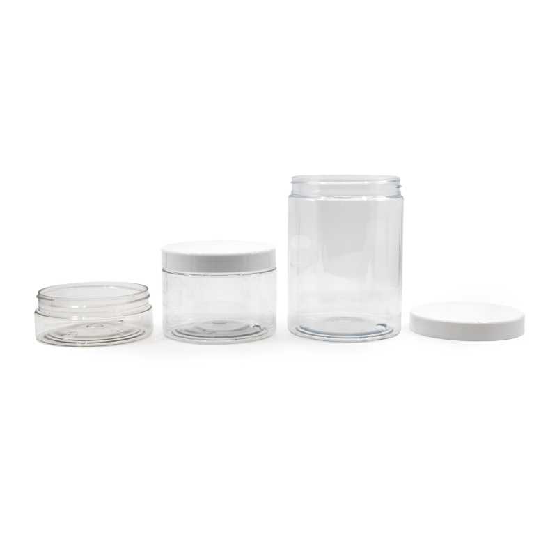 Tarro plástico, transparente, tapa blanca, 300 ml