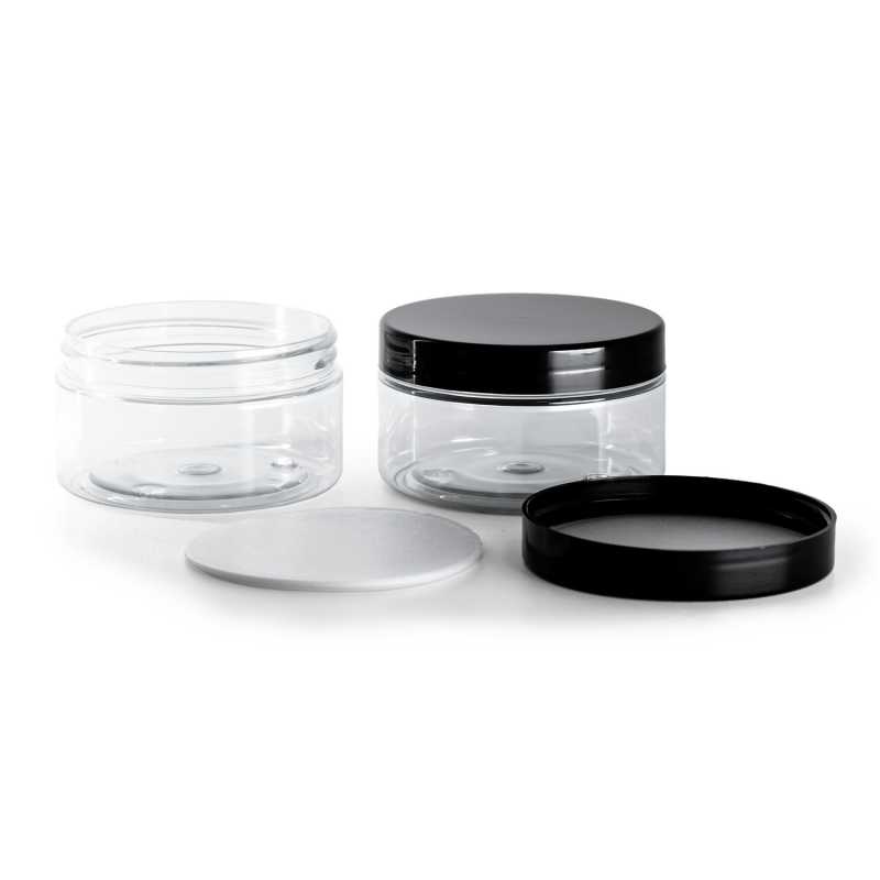 Tarro de plástico, transparente, tapón de plástico negro con liner de inducción, 100 ml