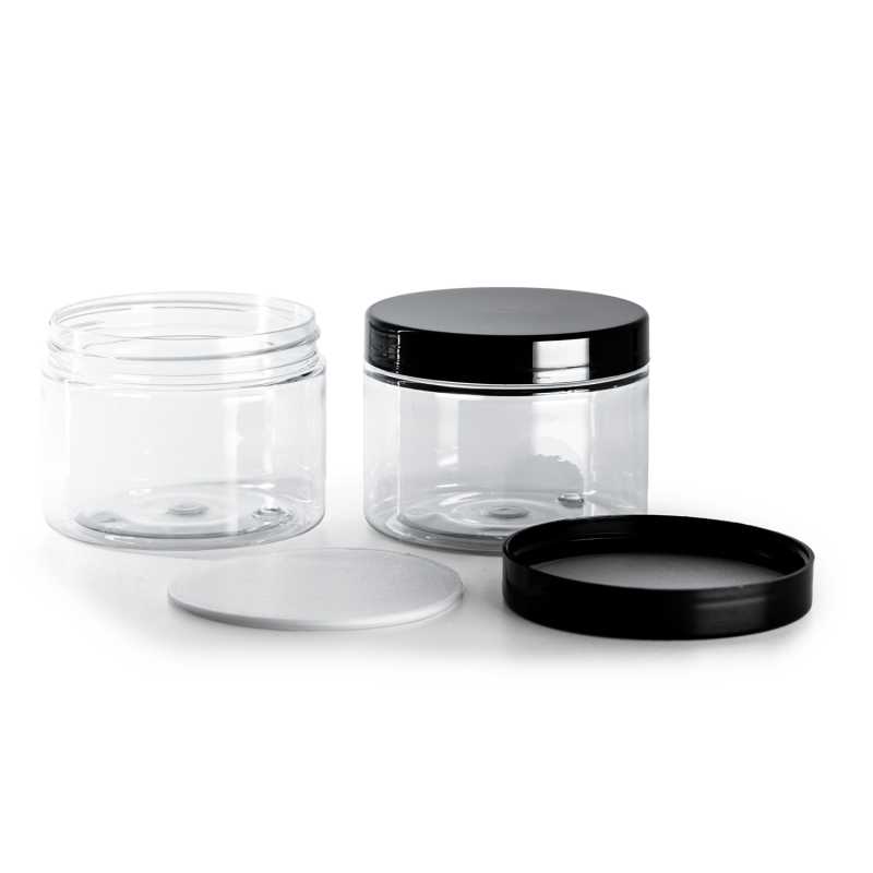 Tarro plástico, transparente, tapa negra con liner de inducción, 150 ml