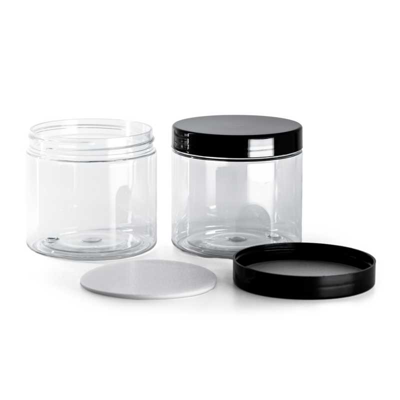 Tarro plástico, transparente, tapa negra con liner de inducción, 200 ml
