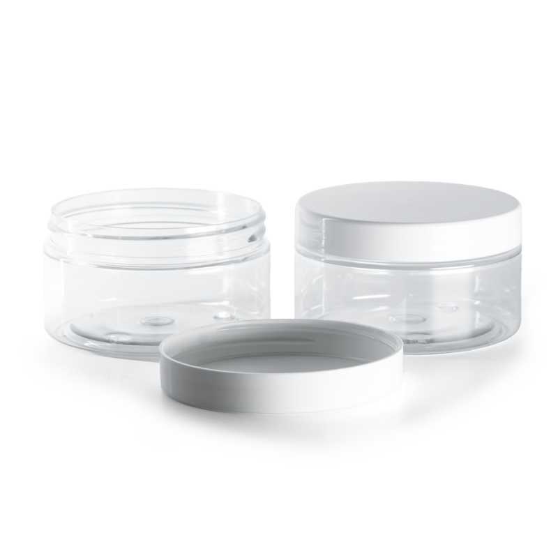 Tarro plástico, transparente, tapa blanca, 100 ml