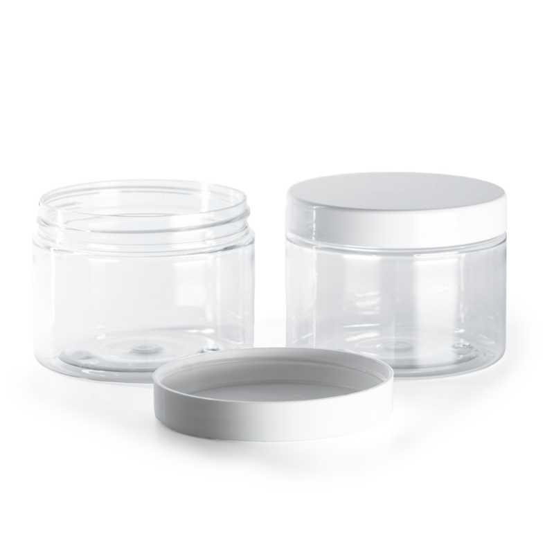 Tarro de plástico transparente, 150 ml, tapa blanca