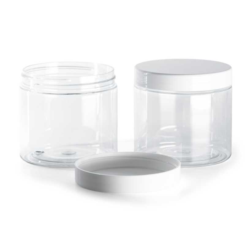 Tarro plástico, transparente, tapa blanca, 200 ml