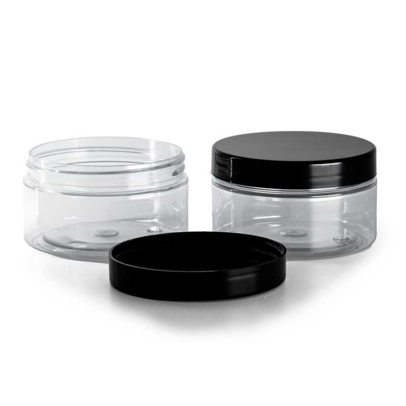 Tarro de plástico, transparente, tapa negra, 100 ml