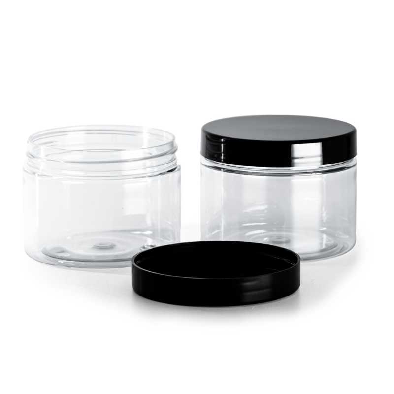 Tarro de plástico transparente, tapa negra, 150 ml