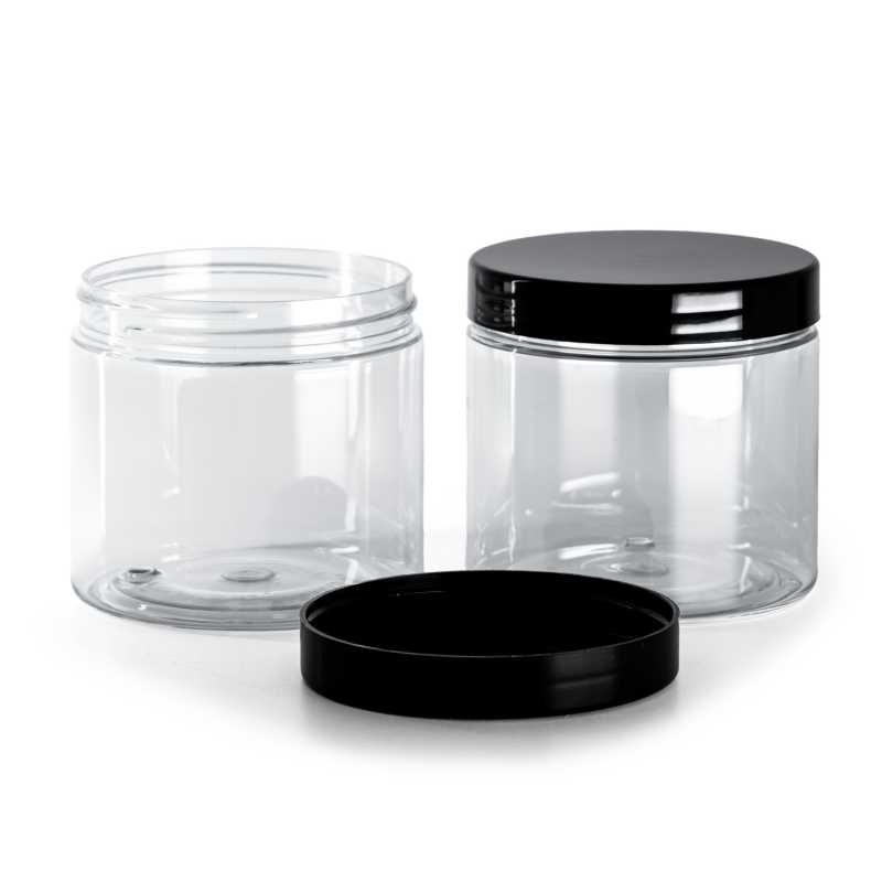 Tarro cosmético plástico, transparente, tapa negra, 200 ml