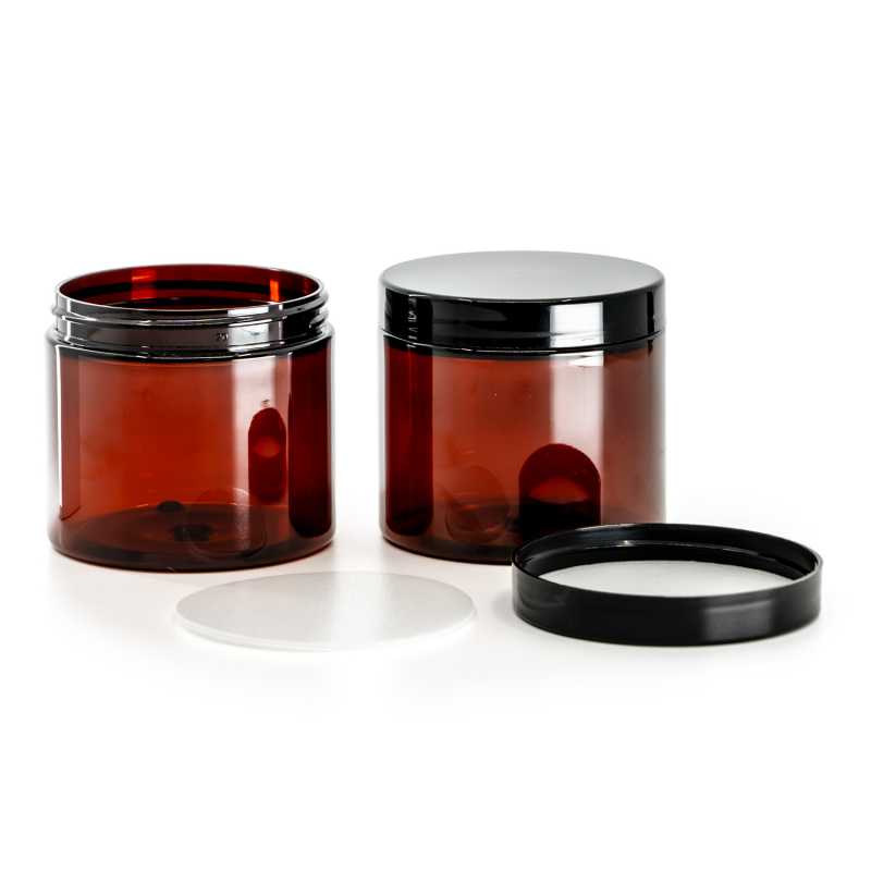 Tarro de plástico, ámbar, tapa de plástico negra con liner de inducción, 200 ml