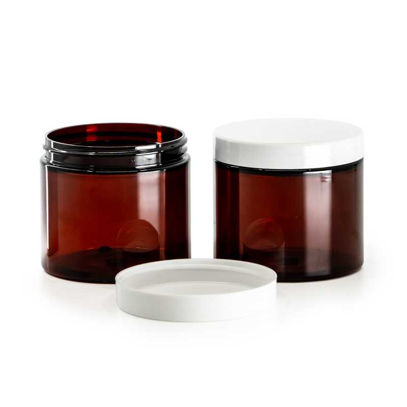 Tarro de plástico, ámbar, tapa blanca, 200 ml