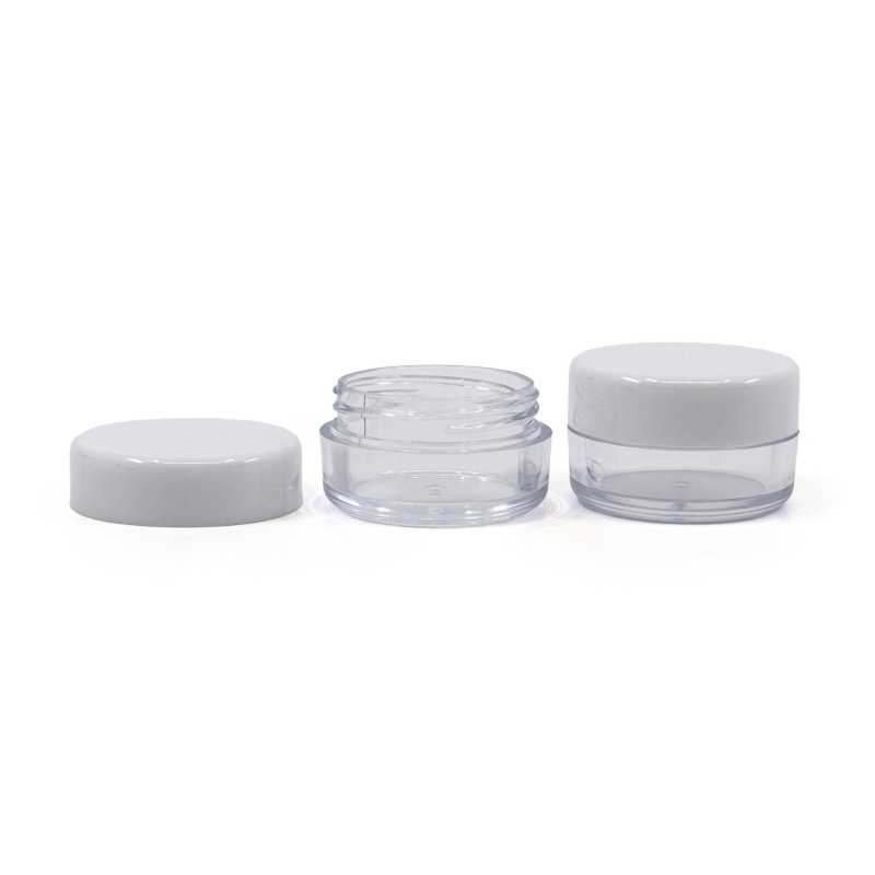 Tarro plástico, transparente, tapa blanca, 5 ml