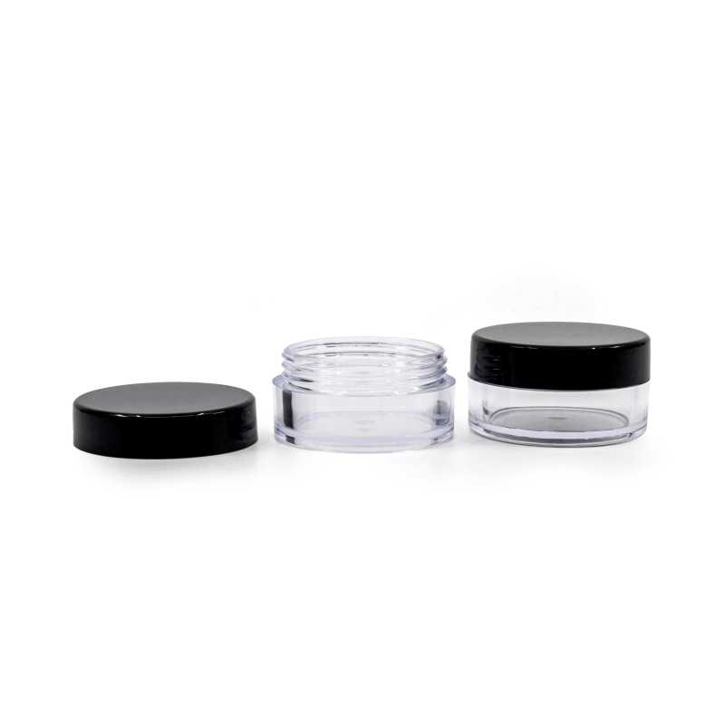Tarro de plástico, transparente, tapa negra, 10 ml