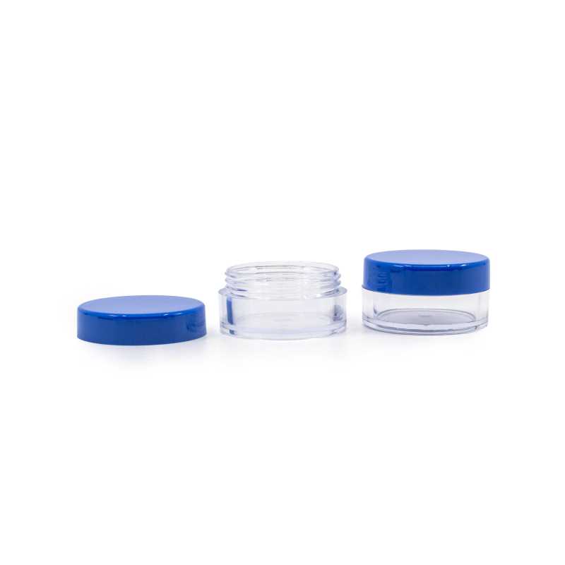 Tarro plástico, transparente, tapa azul, 10 ml