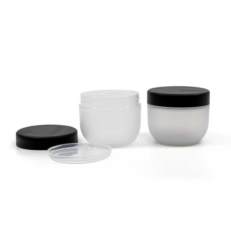 Tarro plástico, efecto escarchado, tapa negra, 100 ml