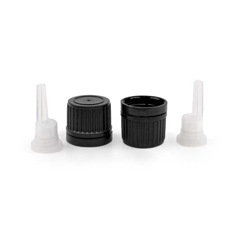 Tapón de plástico negro con gotero interior y anillo de garantía, 18 mm