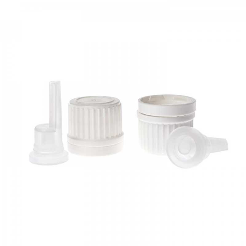 Tapón de rosca de plástico blanco con gotero interior y anillo de garantía, 18/410