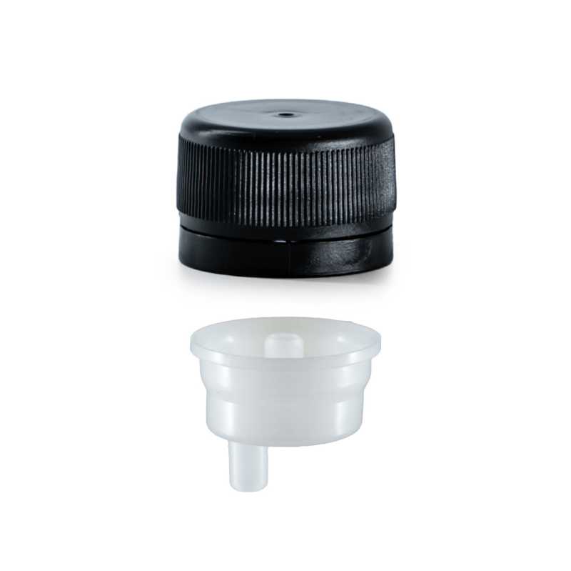 Tapón de plástico negro con cuentagotas interior, 28/410