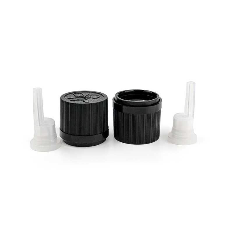 Tapón de seguridad inviolable con cuentagotas, negro estriado, 18 mm