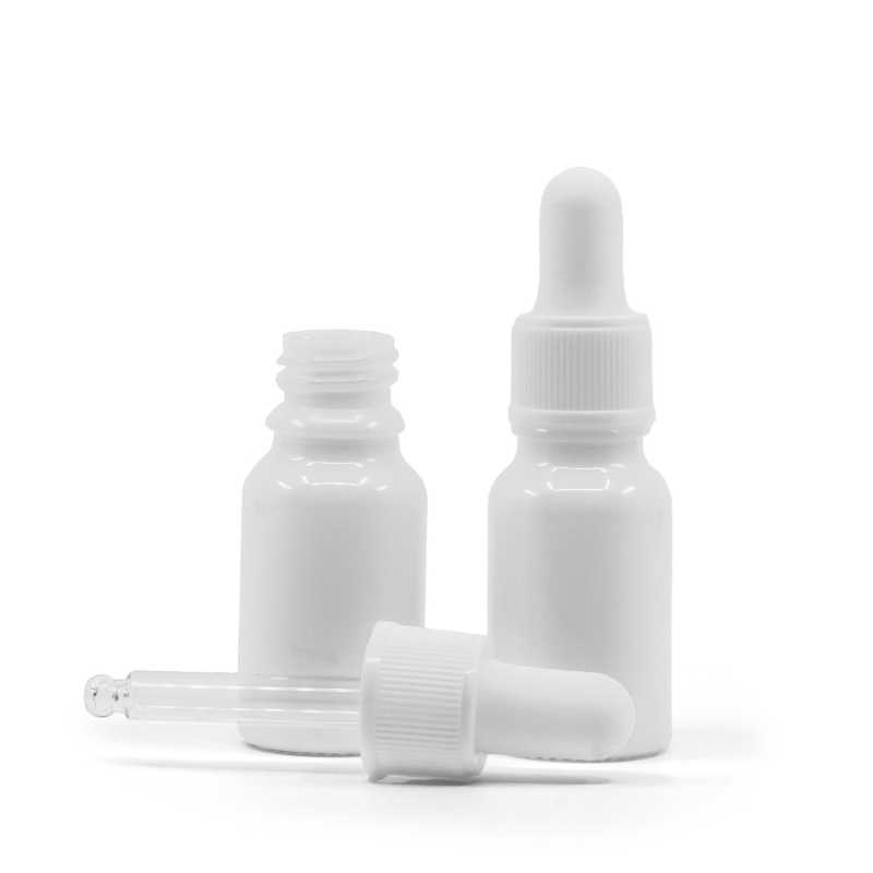 Botella de vidrio, blanca, cuentagotas blanco mate, 10 ml
