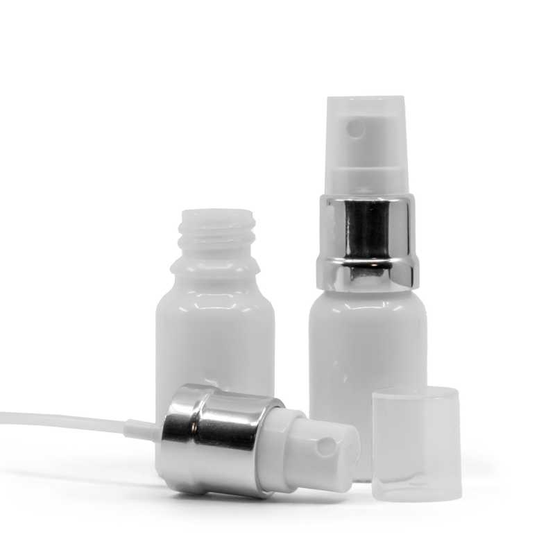 Botella de vidrio, blanca, pulverizador blanco plateado brillante, 10 ml