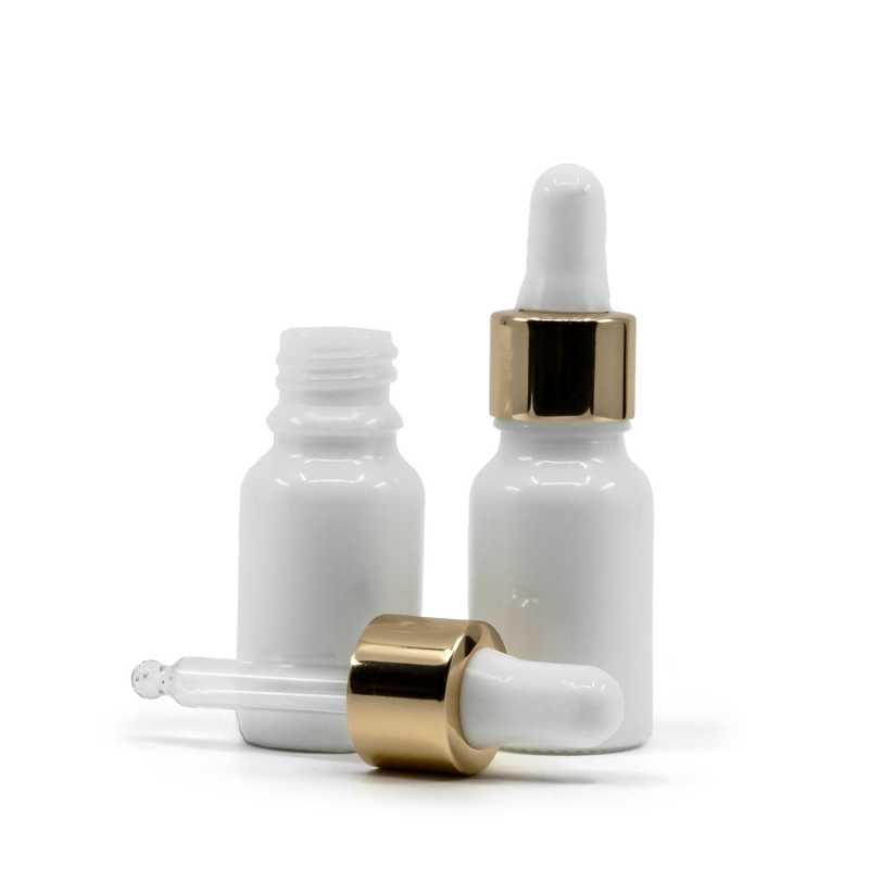 Botella de vidrio, blanca, cuentagotas blanco dorado, 10 ml