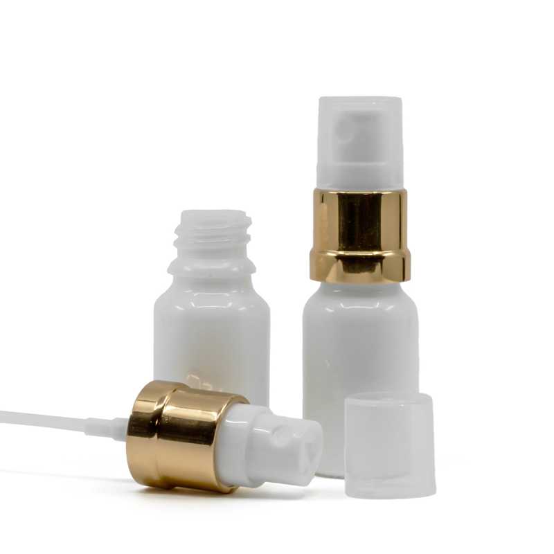 Botella de vidrio, blanca, pulverizador, blanco y dorado, 10 ml