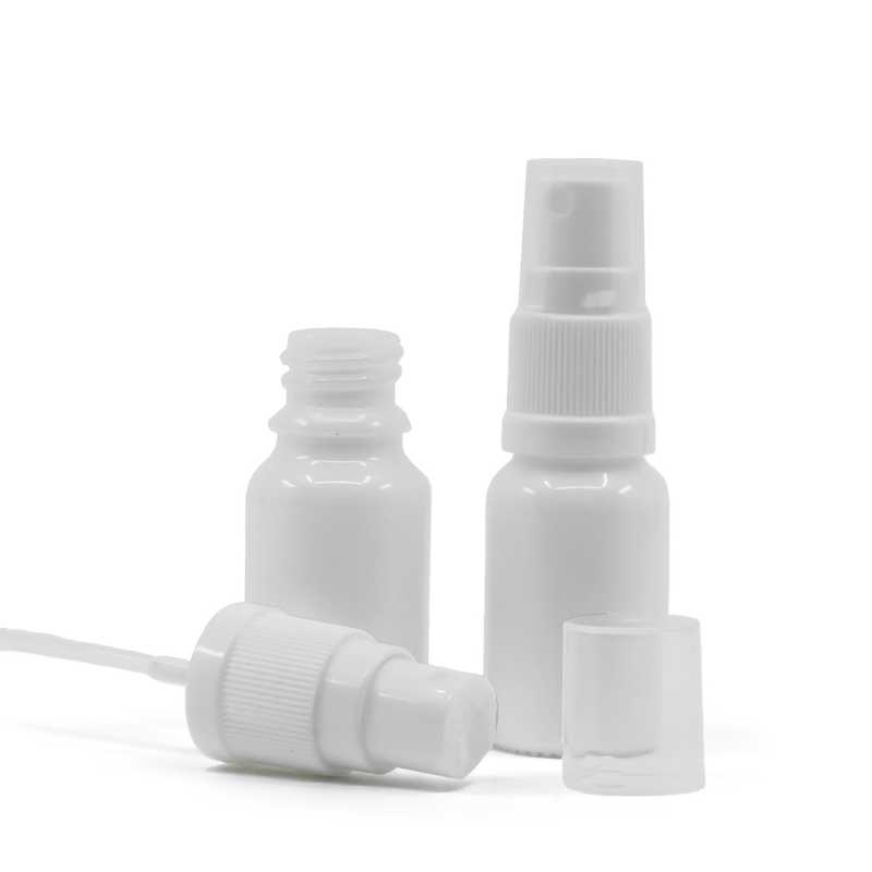 Botella de vidrio, blanca, pulverizador blanco, 10 ml