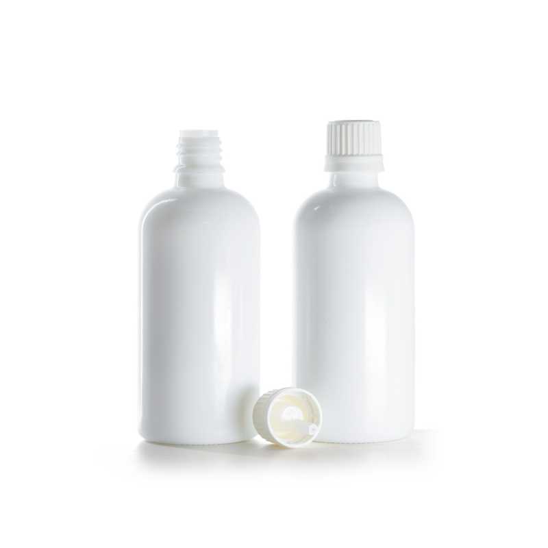 Frasco de vidrio blanco, tapón blanco con cuentagotas, 100 ml