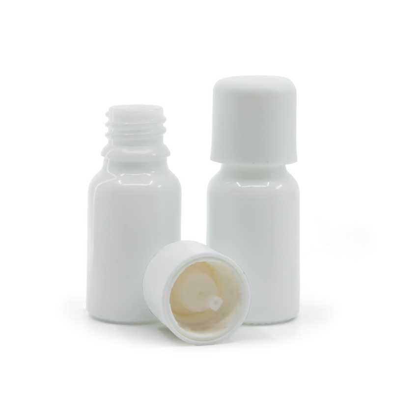 Botella de vidrio, blanca, tapón de seguridad blanco con cuentagotas, 10 ml