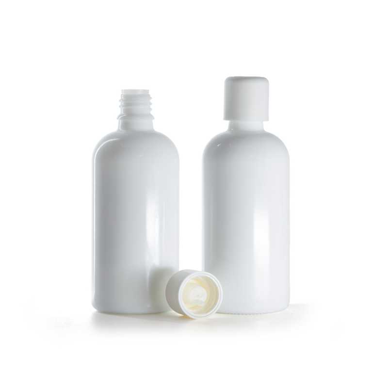 Botella de vidrio, blanca, tapón de seguridad con cuentagotas, 100 ml