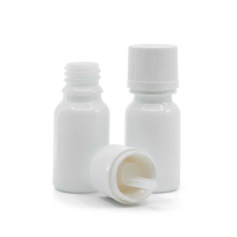 Botella de vidrio, blanco, tapón de seguridad inviolable blanco con cuentagotas, 10 ml