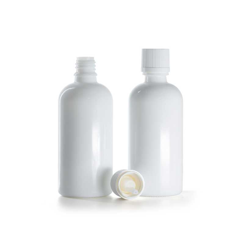 Botella de vidrio, blanca, tapón de seguridad blanco con cuentagotas, 100 ml