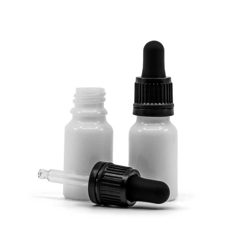 Botella de vidrio, blanca, cuentagotas negro, 10 ml
