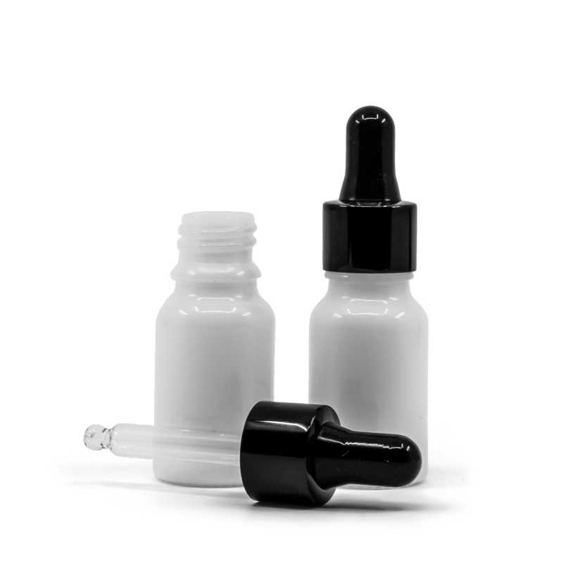Frasco de vidrio, blanco, cuentagotas negro brillante, 10 ml
