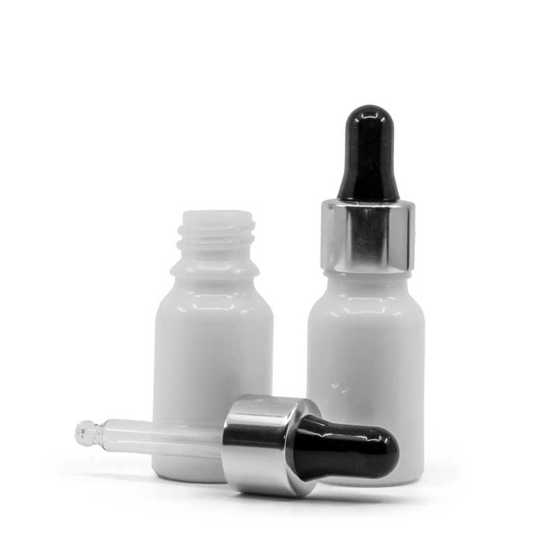 Frasco de vidrio, blanco, cuentagotas negro y plateado, 10 ml