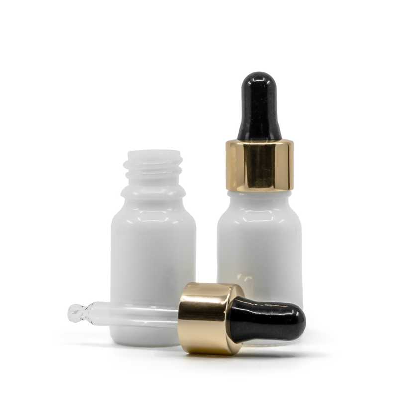 Frasco de vidrio, blanco, cuentagotas negro y dorado, 10 ml