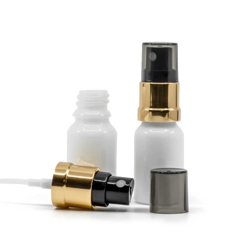 Frasco de vidrio blanco, pulverizador negro y dorado, sobretapa ahumada, 10 ml