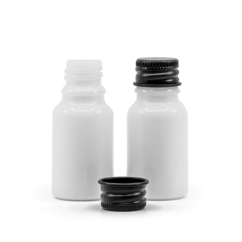 Botella de vidrio, blanca, tapón de aluminio negro, 10 ml