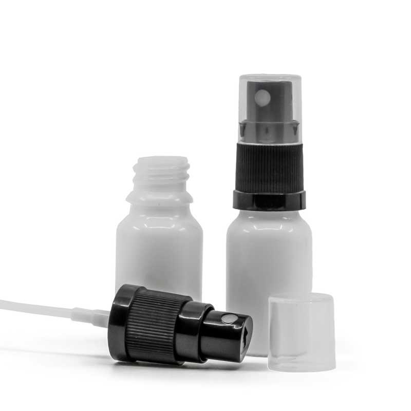 Frasco de vidrio, blanco, pulverizador negro, 10 ml