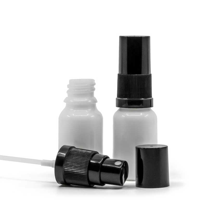 Botella de vidrio, blanca, pulverizador, negro, 10 ml