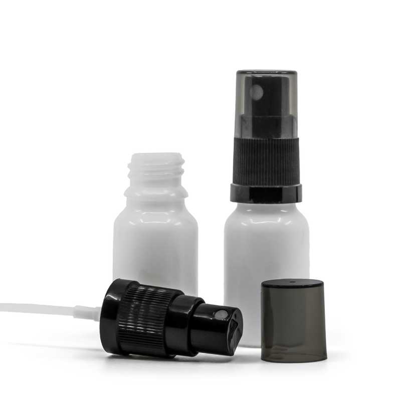 Frasco de vidrio blanco, pulverizador negro, sobretapa ahumada, 10 ml