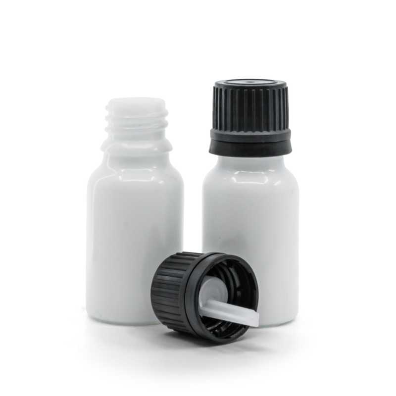 Frasco de vidrio blanco, tapón negro con cuentagotas, 10 ml