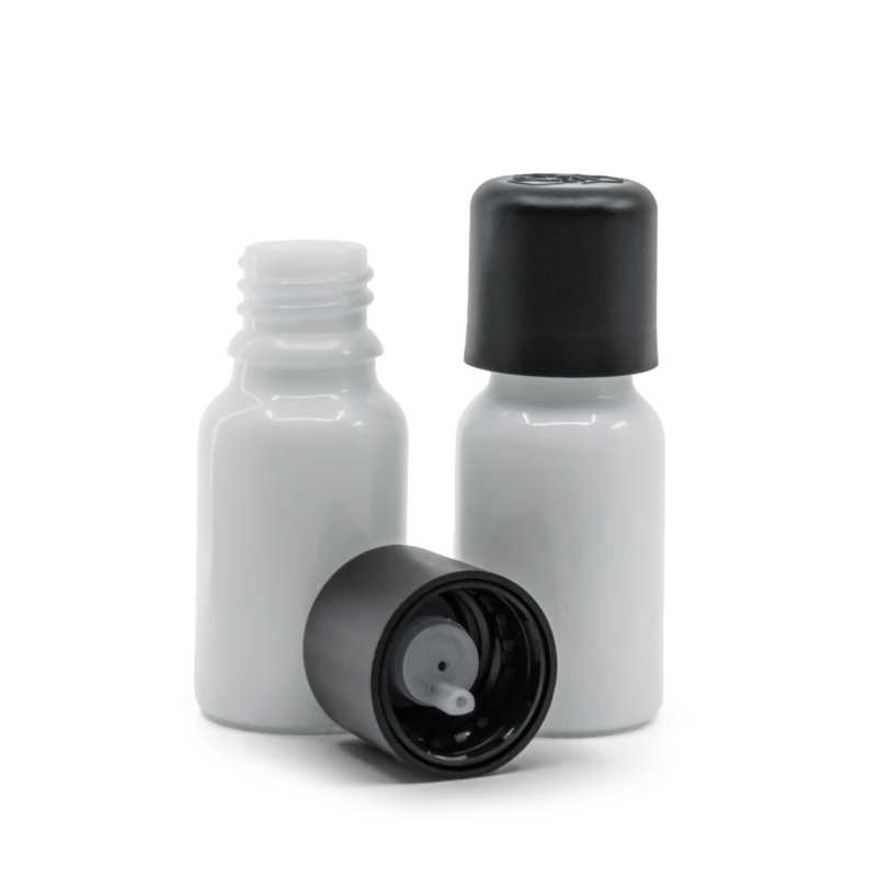 Botella de vidrio, blanca, tapón de seguridad inviolable negro con cuentagotas, 10 ml