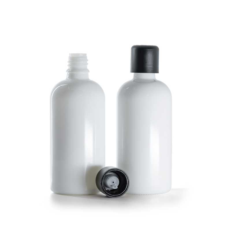 Botella de vidrio, blanca, tapón cuentagotas inviolable negro, 100 ml