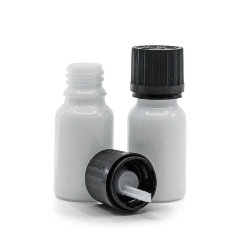 Frasco de vidrio, blanco, tapón de seguridad negro con gotero, 10 ml
