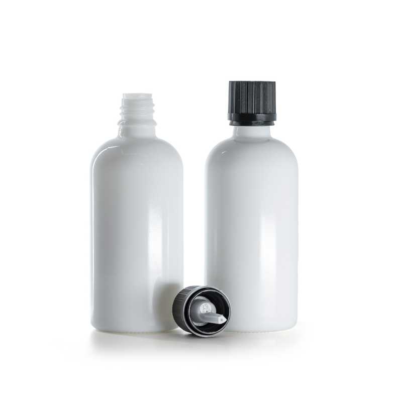 Botella de vidrio, blanca, tapón de seguridad negro con cuentagotas, 100 ml